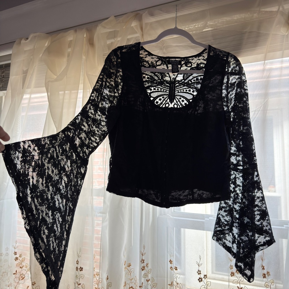 Cosmic Aura Black Lace Butterfly Bell Sleeve Crop Top XL Whimsygoth Hook and Eye